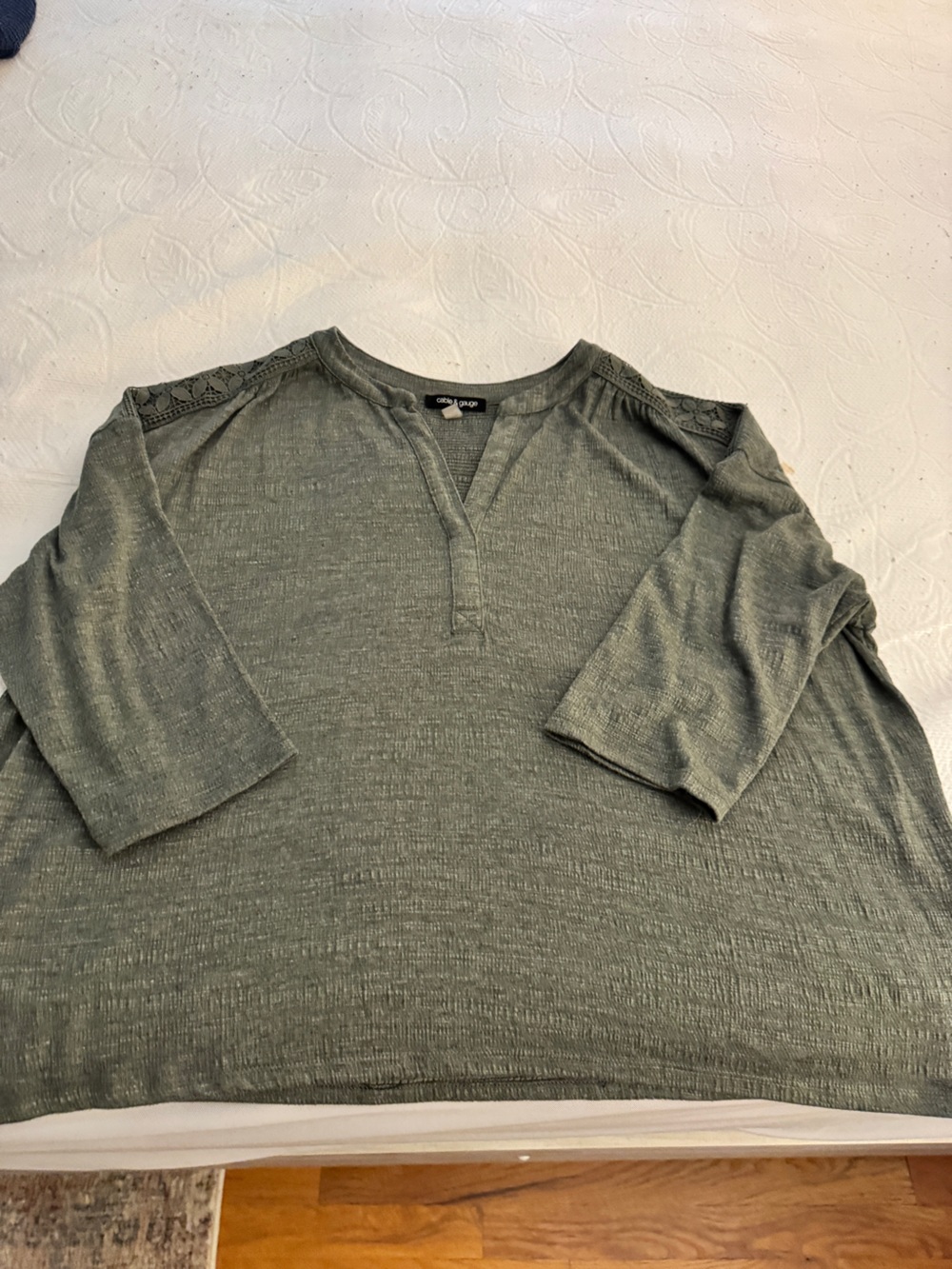 Cable & Gauge Olive Green Short Sleeve Henley with Lace Accents